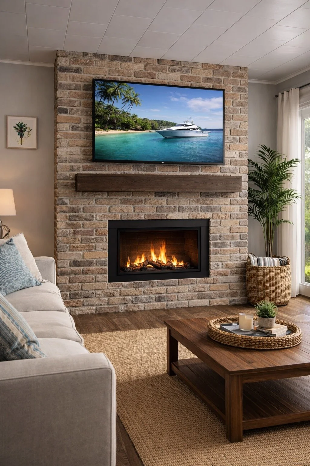 Living room with a brick fireplace, a mounted TV showing a boat on the water, a beige sofa, a wooden coffee table with a tray, candles, and a small plant, and a tall potted plant near a window with white curtains.