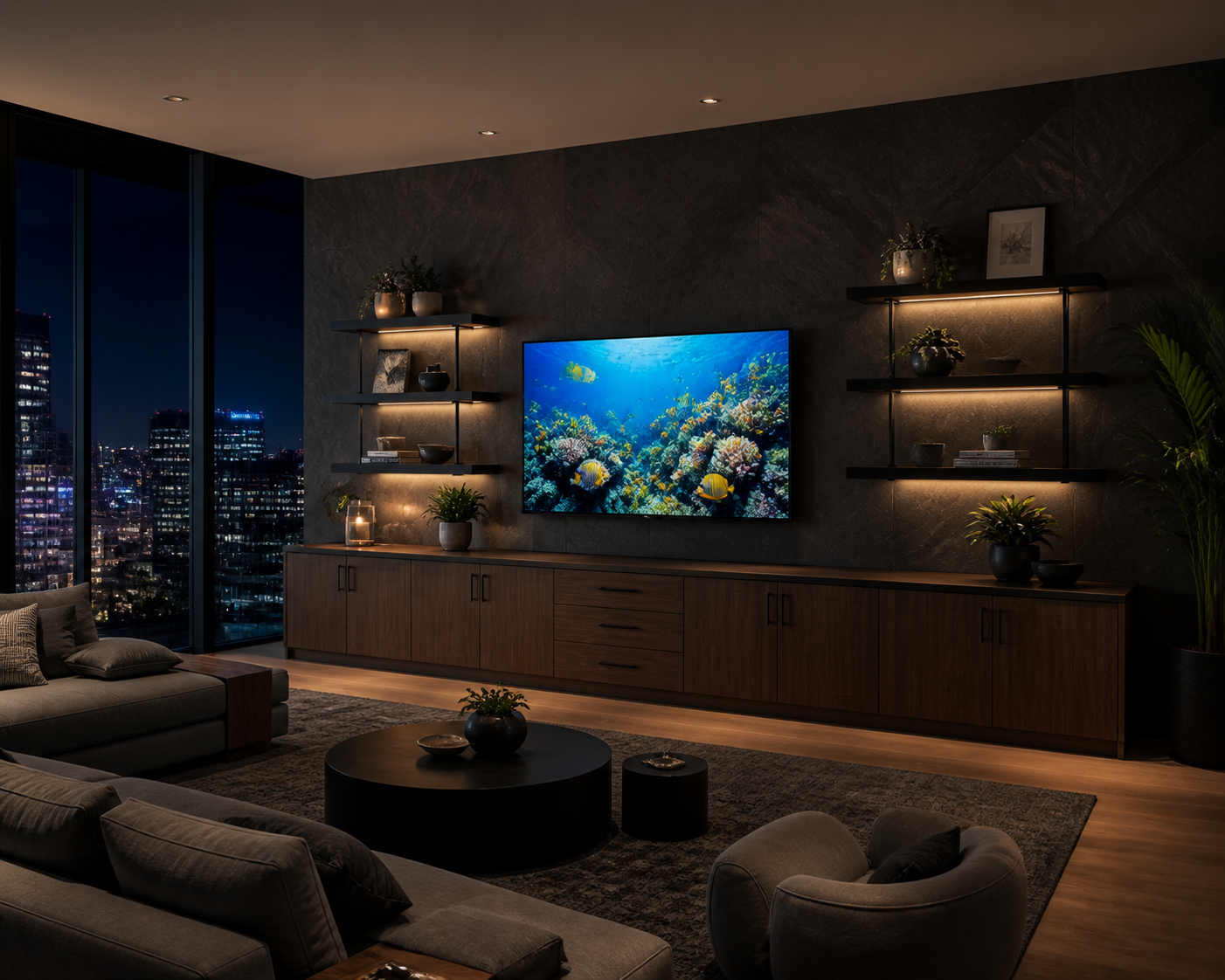 Modern living room at night with a city view, featuring a large flat-screen TV displaying an underwater coral reef scene, surrounded by dark walls, floating shelves with decorative items, and a sofa with cushions.