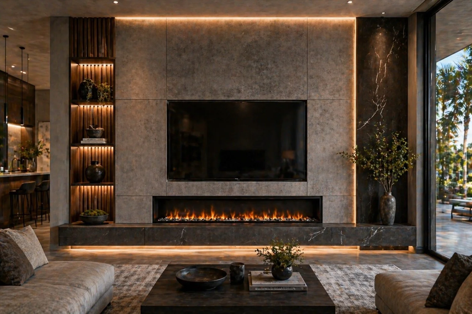 modern media wall with concrete panels stone accents and fireplace