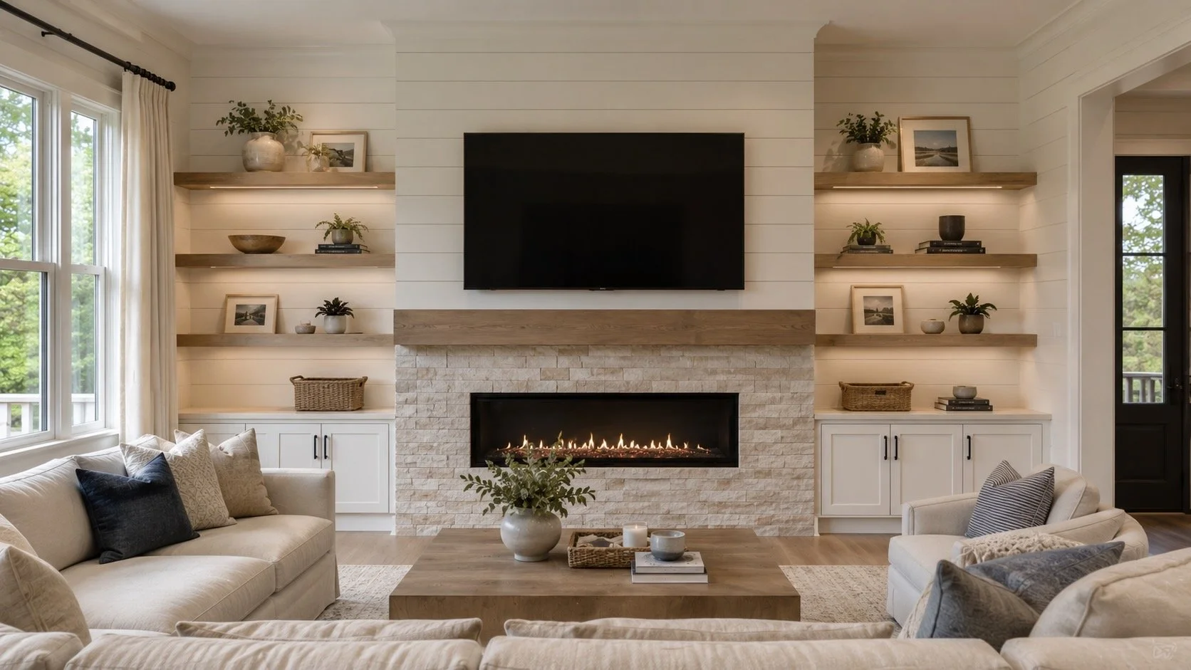 Custom shiplap fireplace media wall with ledger stone surround, floating wood mantel, built-in shelving, integrated lighting, and family-friendly living room design in a modern Georgia home.