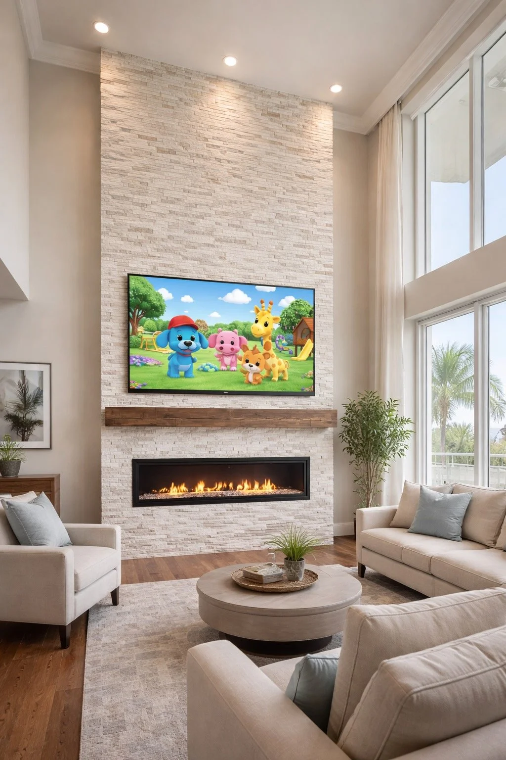 Living room with a modern fireplace, a wall-mounted TV showing animated characters, and large windows with curtains, decorated with plants, sofas, and a round coffee table.
