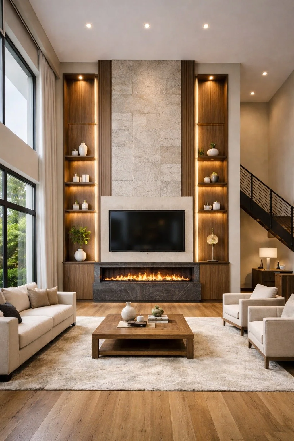 High ceiling media wall with twin tower built-in shelving and central TV fireplace