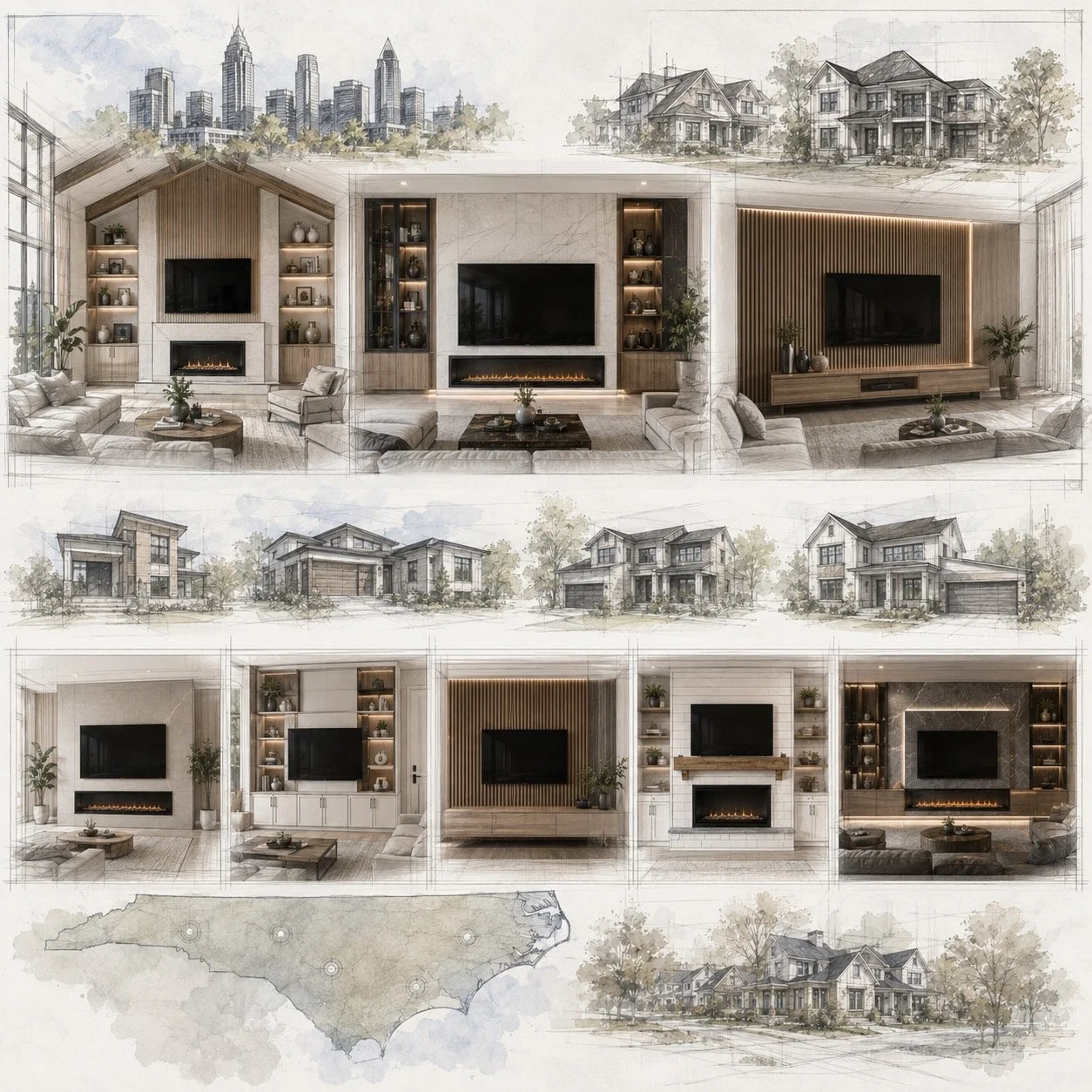 architectural concept board showcasing media wall design trends in North and South Carolina homes