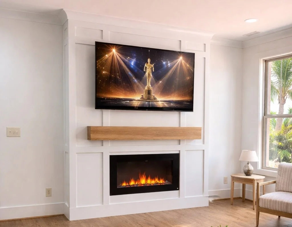 Living room with a wall-mounted flat-screen TV displaying golden Oscar statue, a modern electric fireplace below, a wooden mantel shelf, a window with a view of palm trees, a small side table with lamp, and part of a beige armchair.