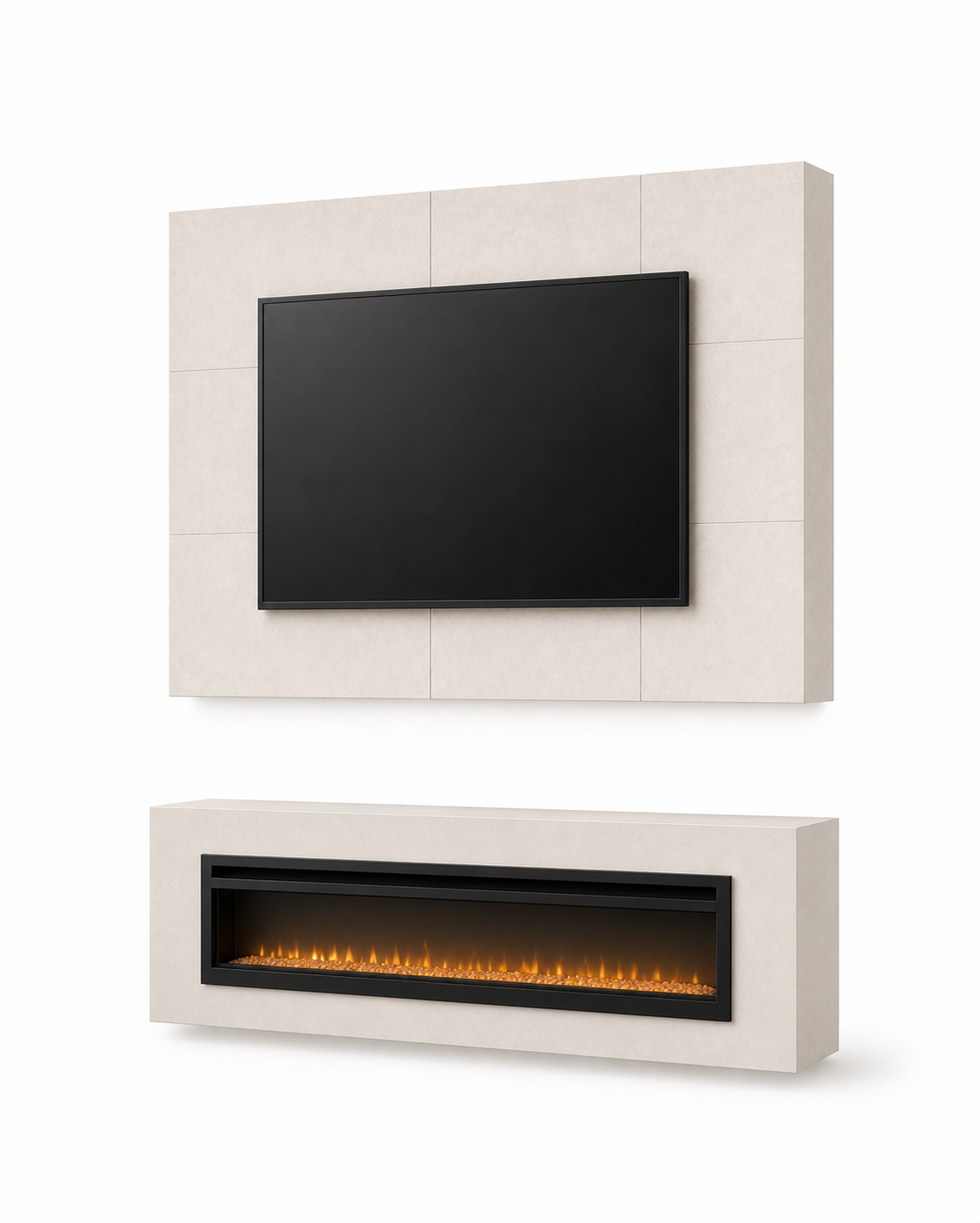 Cinema Fireplace Media Wall design concept with a separate faux stone TV panel and linear fireplace box