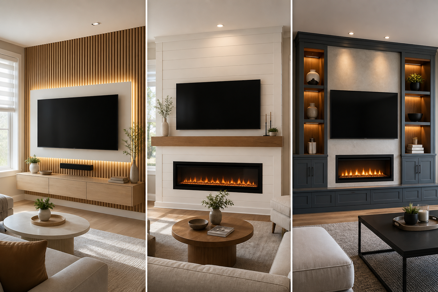 Three interior media wall concepts representing the A-Series TV wall, F-Series fireplace wall, and C-Series built-in storage system.