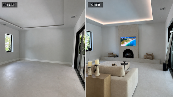Before-and-after transformation of a Boca Raton living room into a Mediterranean Hearth Wall with a rounded electric fireplace, TV, and built-in bench