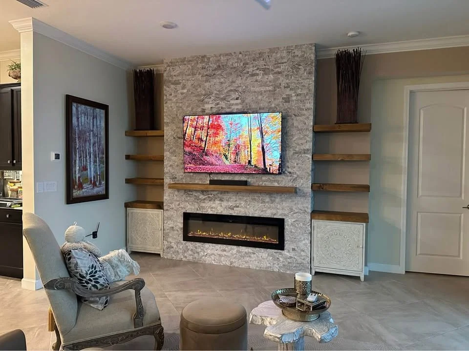 Ledger Stone Fireplace Media Wall with Shelves and Storage in Punta Gorda