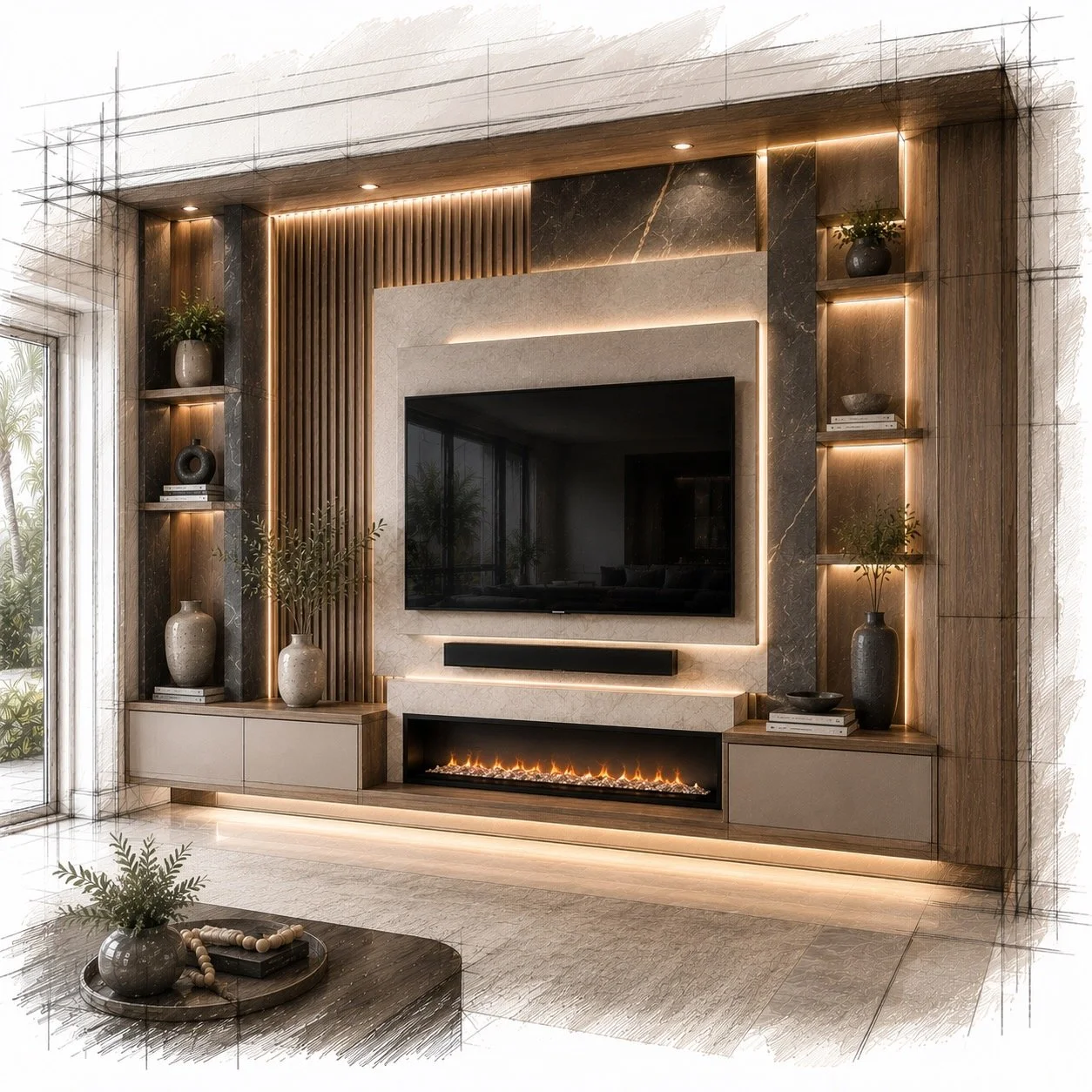 luxury layered media wall with stone, wood slats, integrated lighting, and fireplace