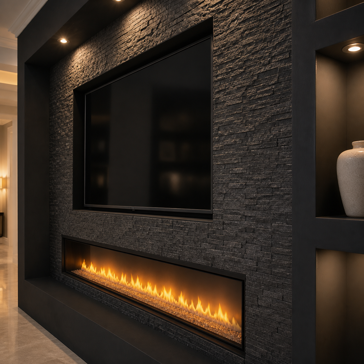 Dark ledger stone surface surrounding an integrated TV and linear electric fireplace