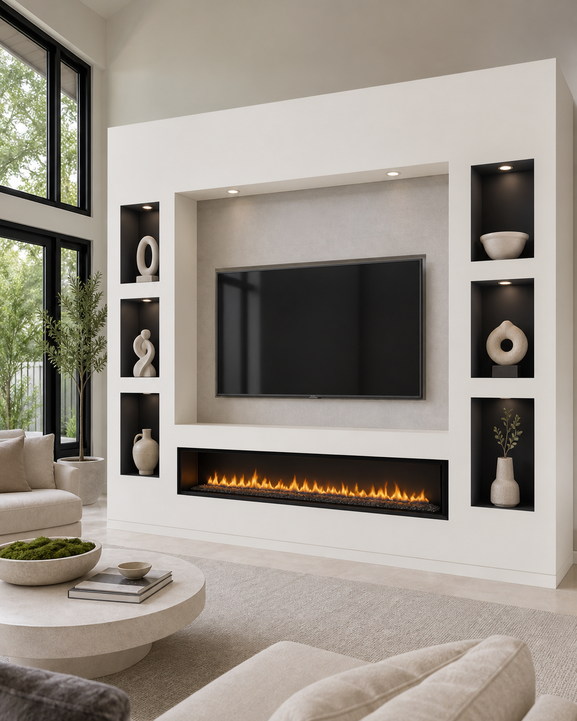 Modern living room with a wall-mounted television, built-in fireplace below, and decorative vases on black shelving niches. Large windows with greenery outside and a beige sofa with a round coffee table.