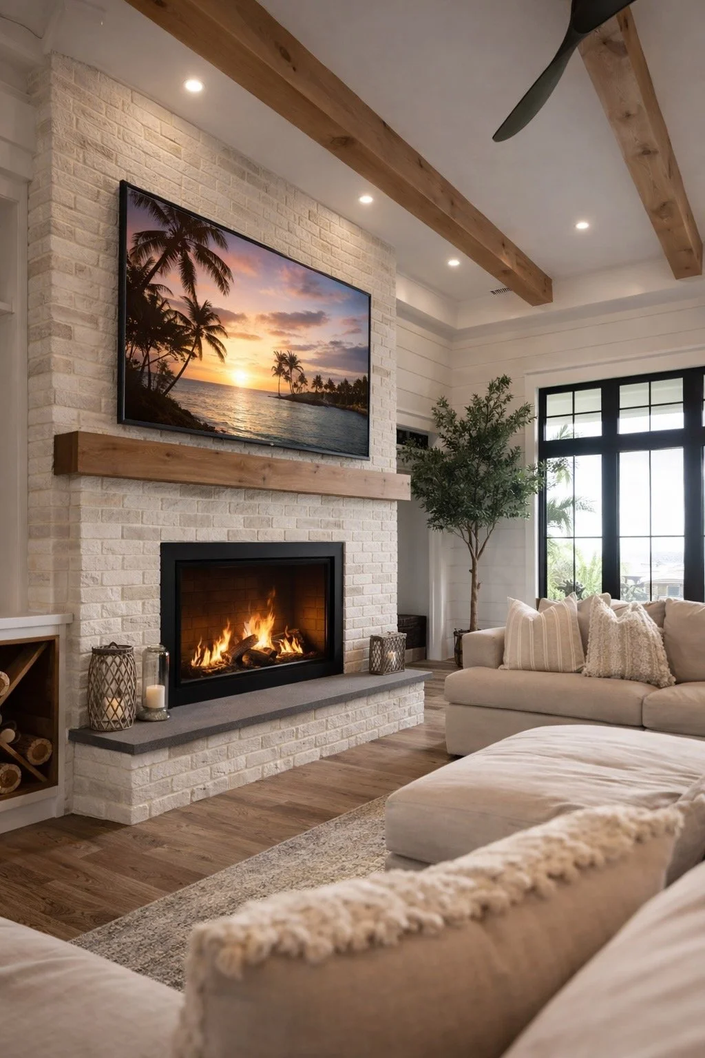 Living room with white brick fireplace, flat-screen TV showing a sunset over a tropical beach, beige sofa with striped and fluffy pillows, wooden beams on ceiling, large window with black frames, potted tree, and decorative lanterns.