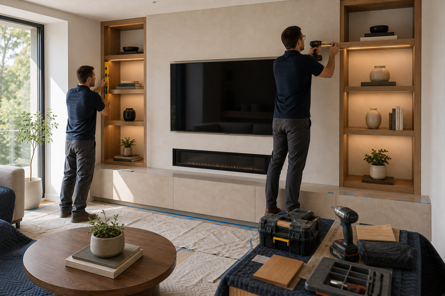 Local installation team completing a custom media wall with an electric fireplace, cabinetry, and illuminated shelving