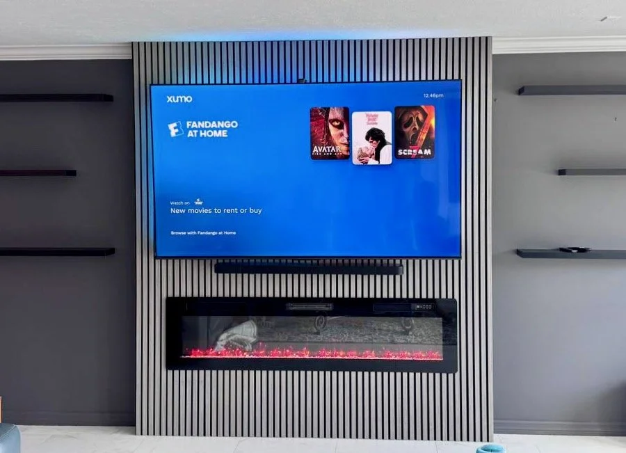 Modern Slat Fireplace Media Wall with Shelving in Tampa, Florida