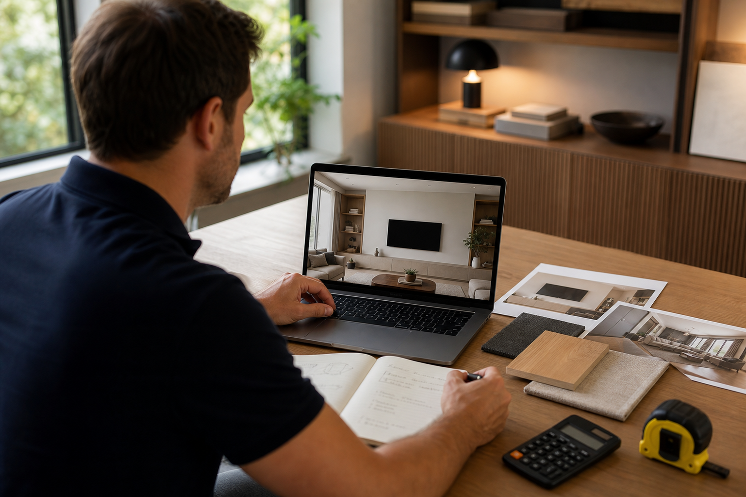 Project specialist reviewing living room photos, material samples, and measurements for a custom media wall proposal