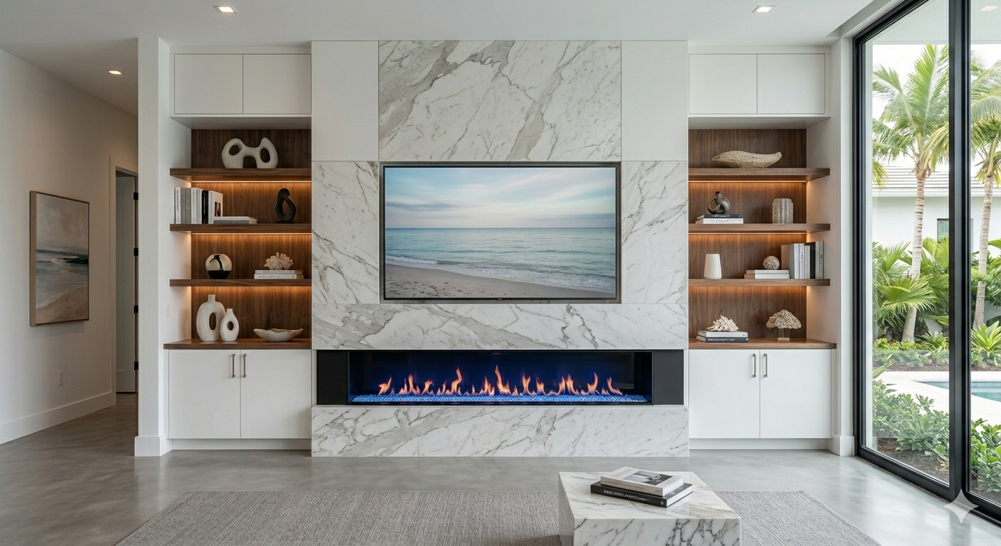 luxury built in entertainment center with cabinets shelves and fireplace in Florida home