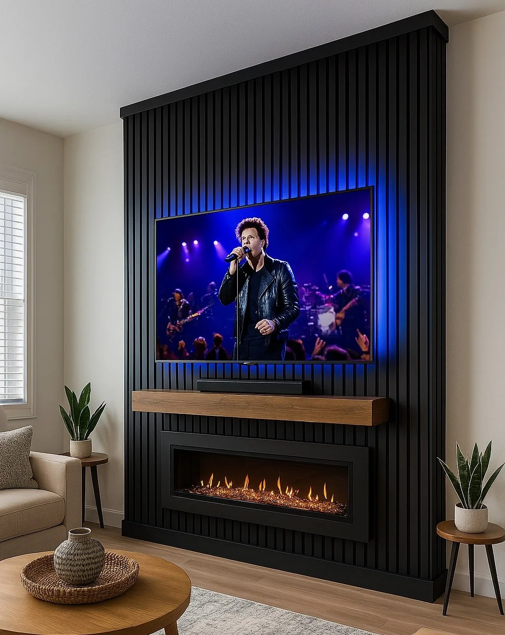 Slat Fireplace Media Wall