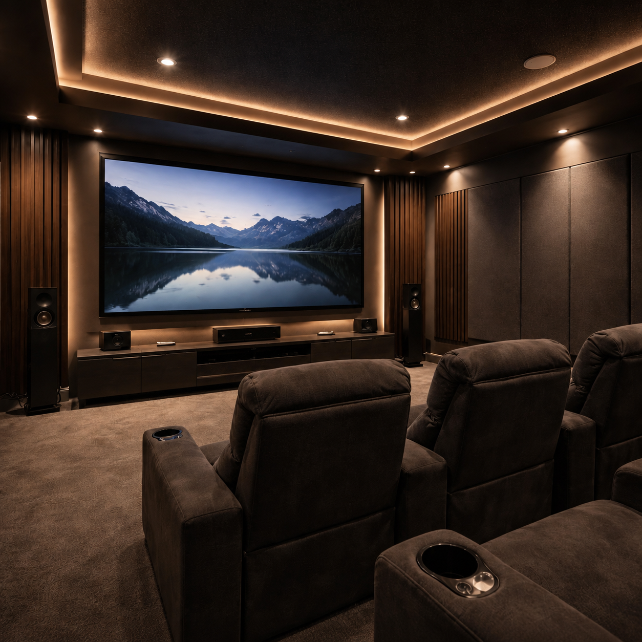 Home theater with a large screen, acoustic wall panels, wood slat accents, reclining seats and warm ceiling lighting.