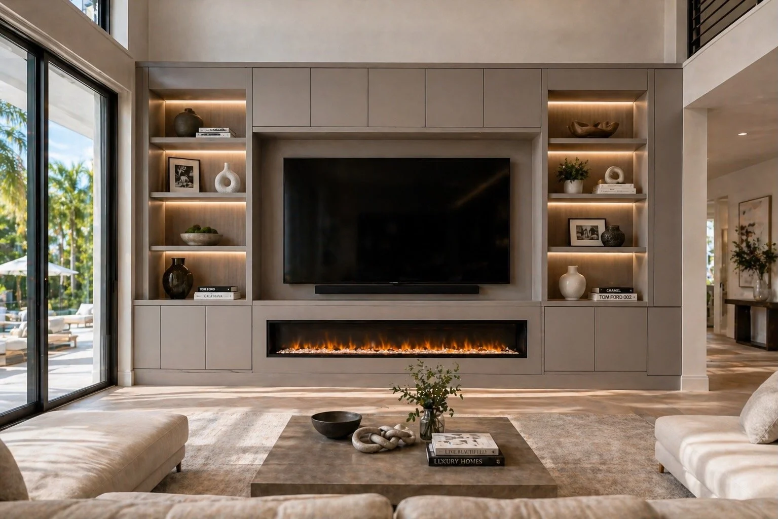 floor to ceiling built in entertainment center with cabinets shelves and fireplace