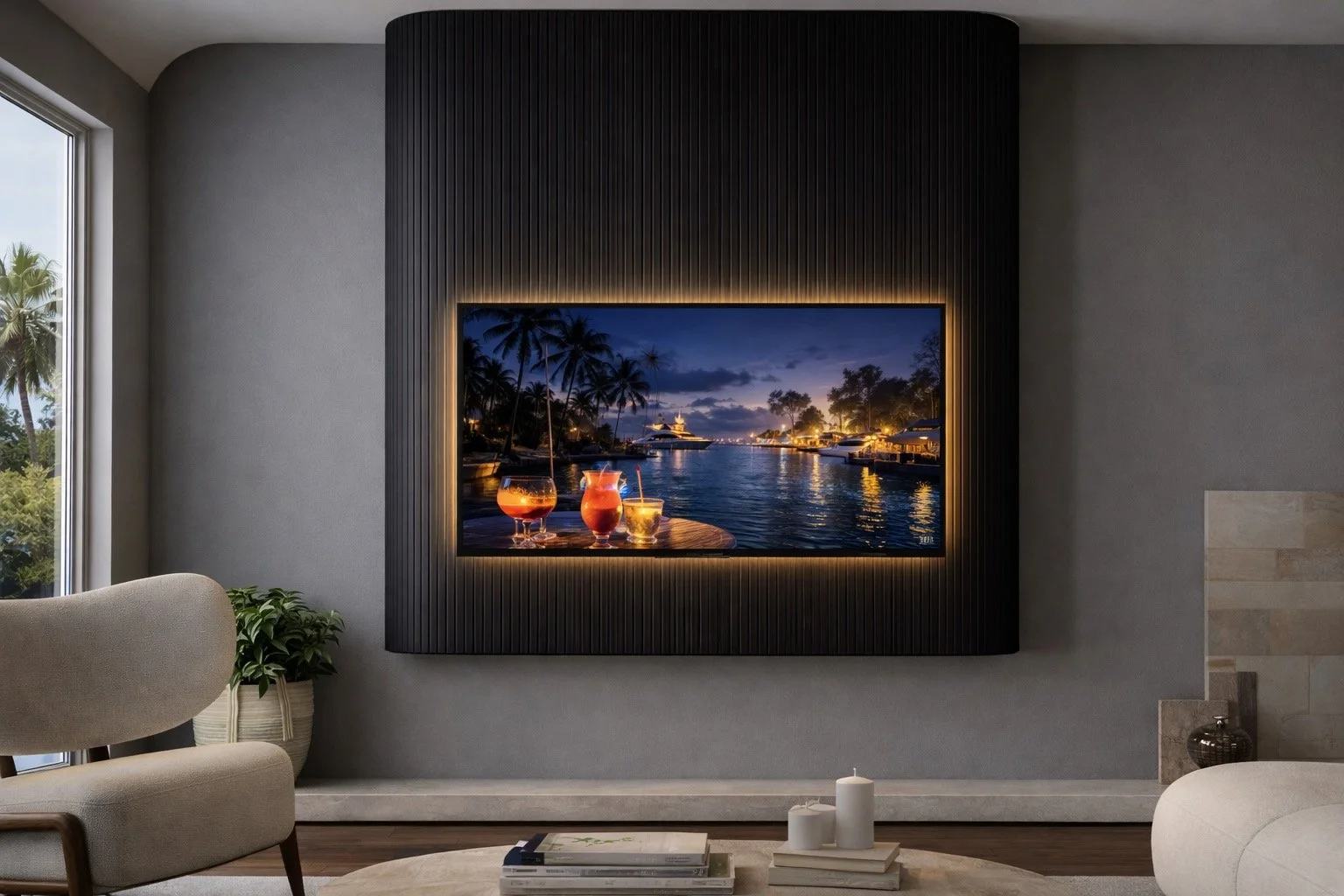 Living room with a large wall-mounted TV displaying a tropical sunset over a river with boats and drinks on a table in the foreground.