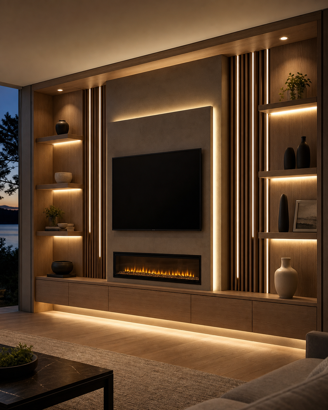 Custom media wall with integrated shelf lighting, recessed spotlights, illuminated wood slats, TV backlighting, and floating-cabinet lighting
