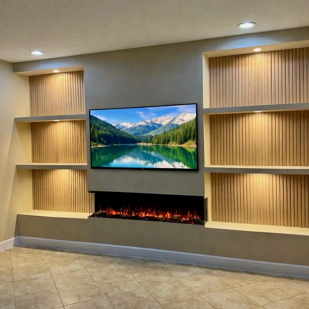 Limewash built-in entertainment center with three-sided fireplace and illuminated wood slat niches in Palm Beach home.
