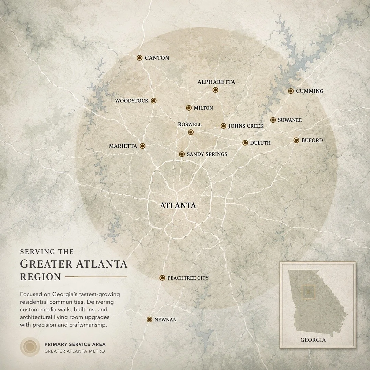 Map of the Greater Atlanta region in Georgia showing Atlanta and surrounding residential communities such as Peachtree City, Newnan, Marietta, Woodstock, Canton, Alpharetta, Milton, Roswell, Johns Creek, Suwanee, Cumming, Buford, Duluth, Sandy Springs, and Marietta. The map indicates primary service areas for the Greater Atlanta Metro and includes an inset showing Georgia's location in the southeastern United States.