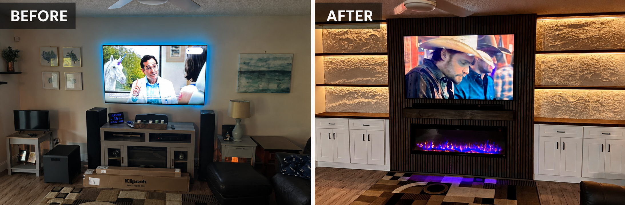 Before-and-after transformation of a Tampa living room with a custom fireplace media wall, built-in storage, illuminated niches, and black slat panels.