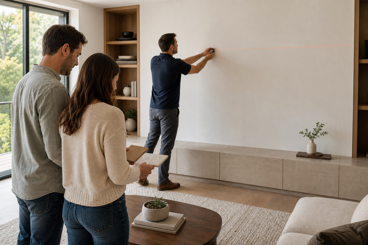 Local project specialist measuring a living room wall while homeowners review material and finish samples