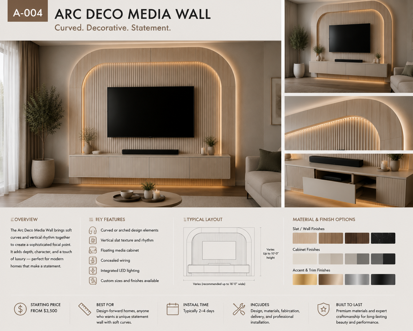 A-004 Arc Deco media wall with curved panel design, vertical slat texture, floating cabinet, concealed wiring, and warm LED lighting