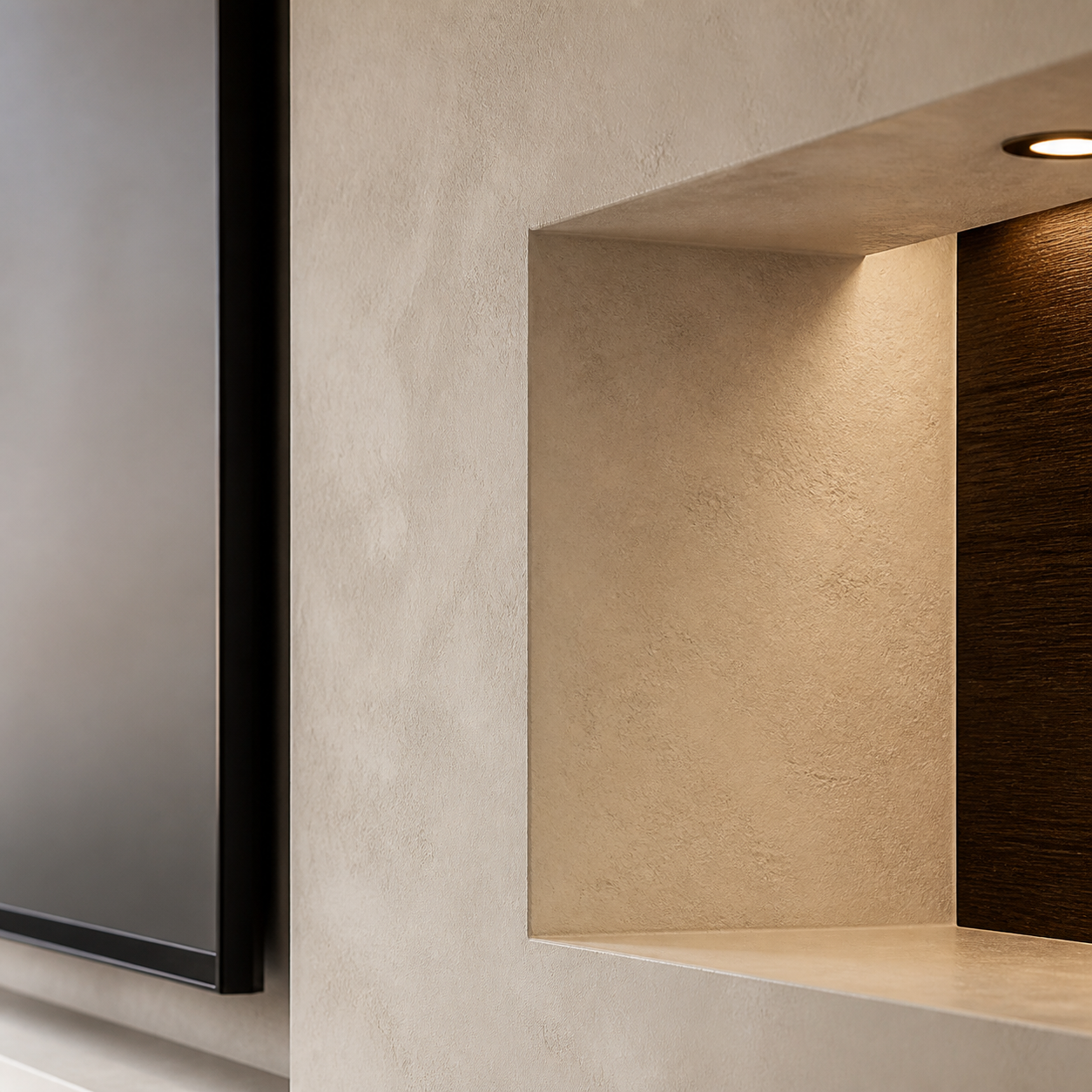 Close-up of a light limewash finish surrounding an illuminated niche in a modern media wall