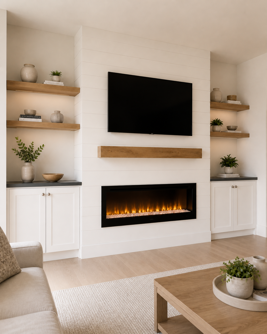 Angled view of the C2-001 fireplace media wall showing a shiplap built-out connected to two simple storage cabinets and four wood shelves