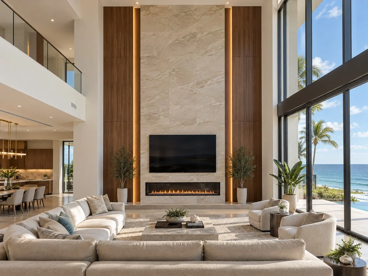 Custom high-ceiling media wall with full-height stone, wood panels, an oversized TV, and a linear fireplace