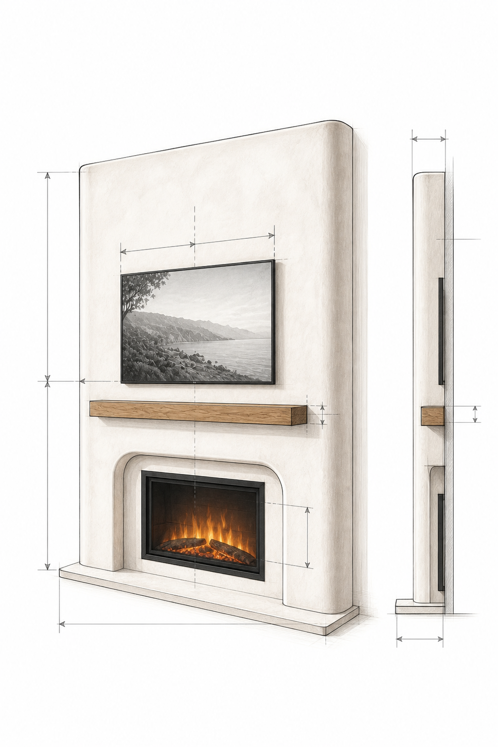 Architectural sketch of a custom Mediterranean Hearth Wall showing rounded plaster forms, integrated television, natural wood mantel, electric fireplace, dimensions, and wall depth