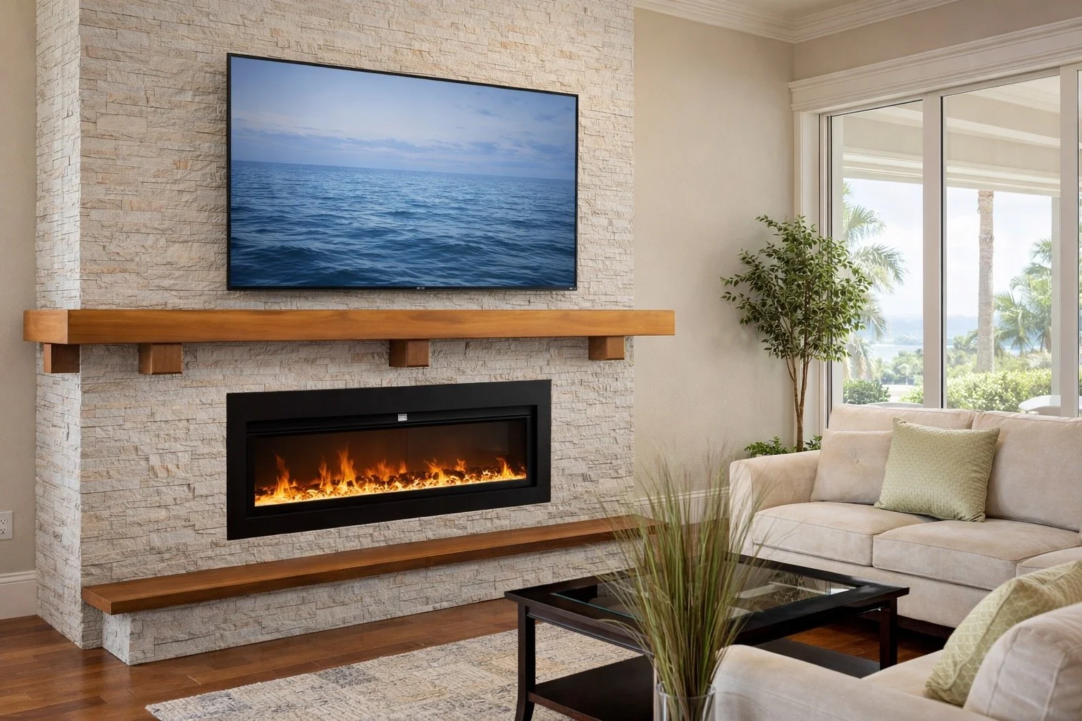 Living room with stone fireplace, mounted TV displaying ocean scenery, wooden mantel, electric fire, beige sofa with pillows, glass coffee table, green indoor plant, large windows showing palm trees outside.