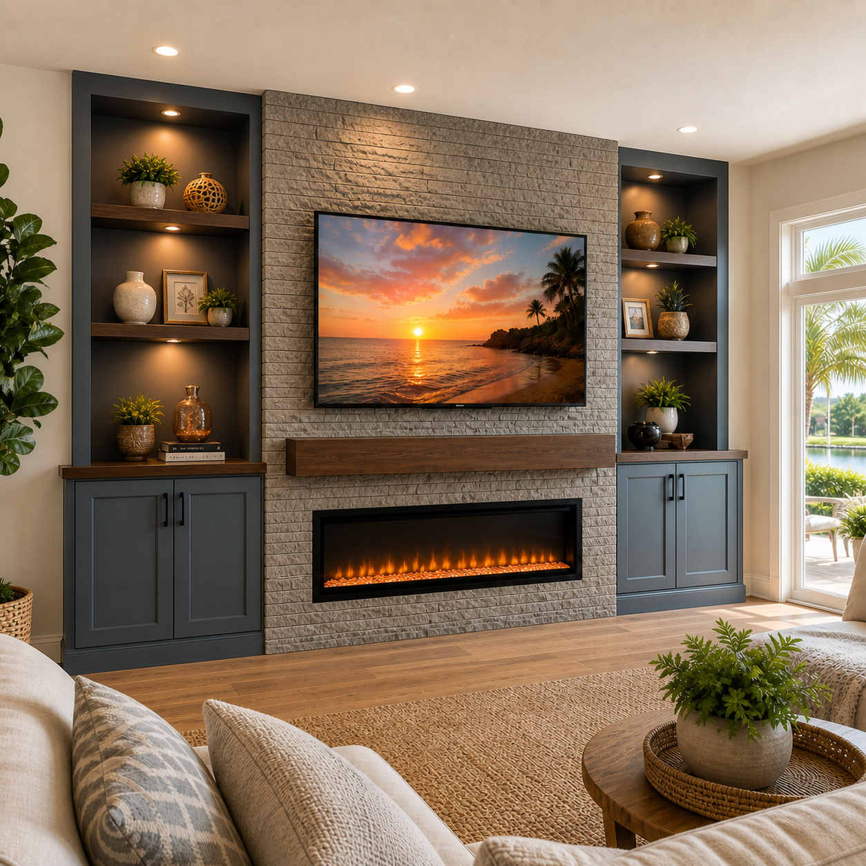 C3-002 stone built-in entertainment center with ledger stone, linear fireplace, simple blue-gray cabinets, walnut mantel, and illuminated open niches