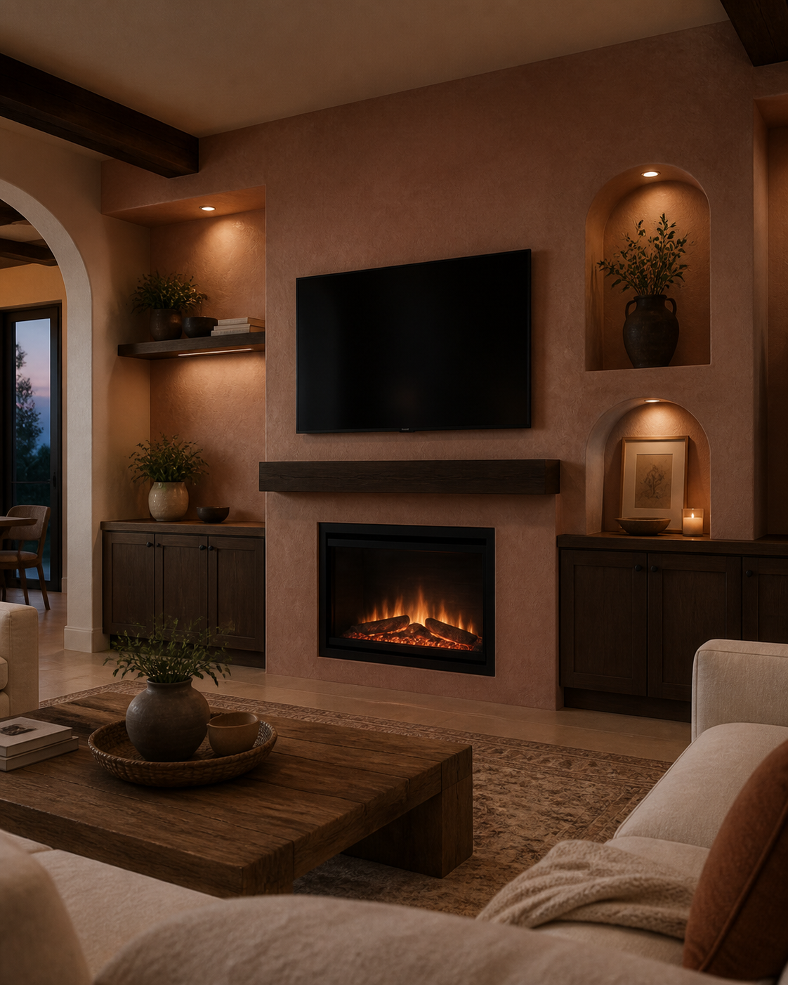 Living room with fireplace, wall-mounted TV, wooden cabinets, built-in shelves with plants and books, framed artwork, candle, and cozy seating area.