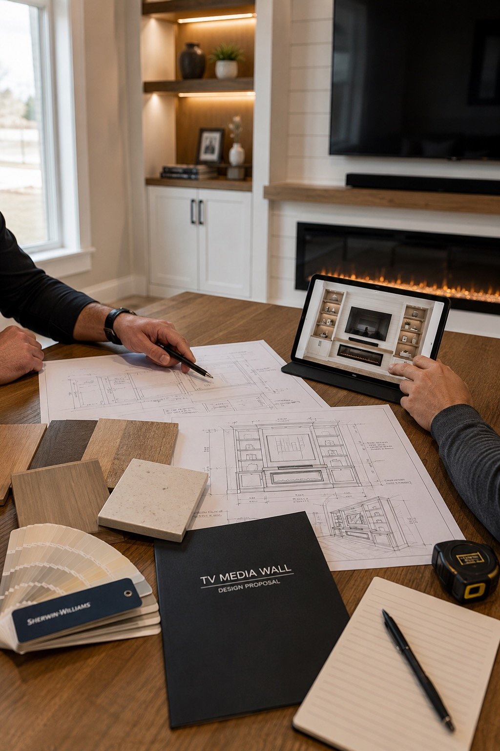On-site media wall design consultation featuring material samples, architectural drawings, finish selections, and a custom entertainment center design review