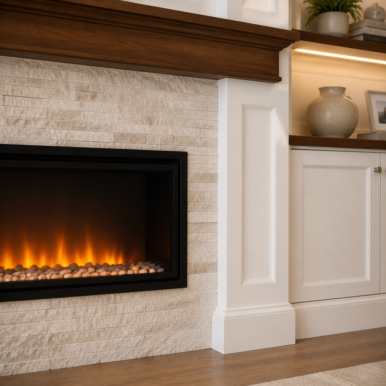 Light stone fireplace surround with a dark wood mantel and classic painted millwork
