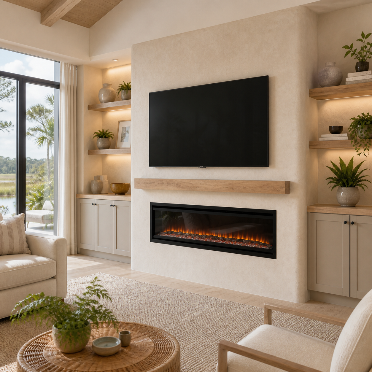 Limewash Built-In Entertainment Center with warm wood shelving, integrated storage, TV, mantel, and linear electric fireplace