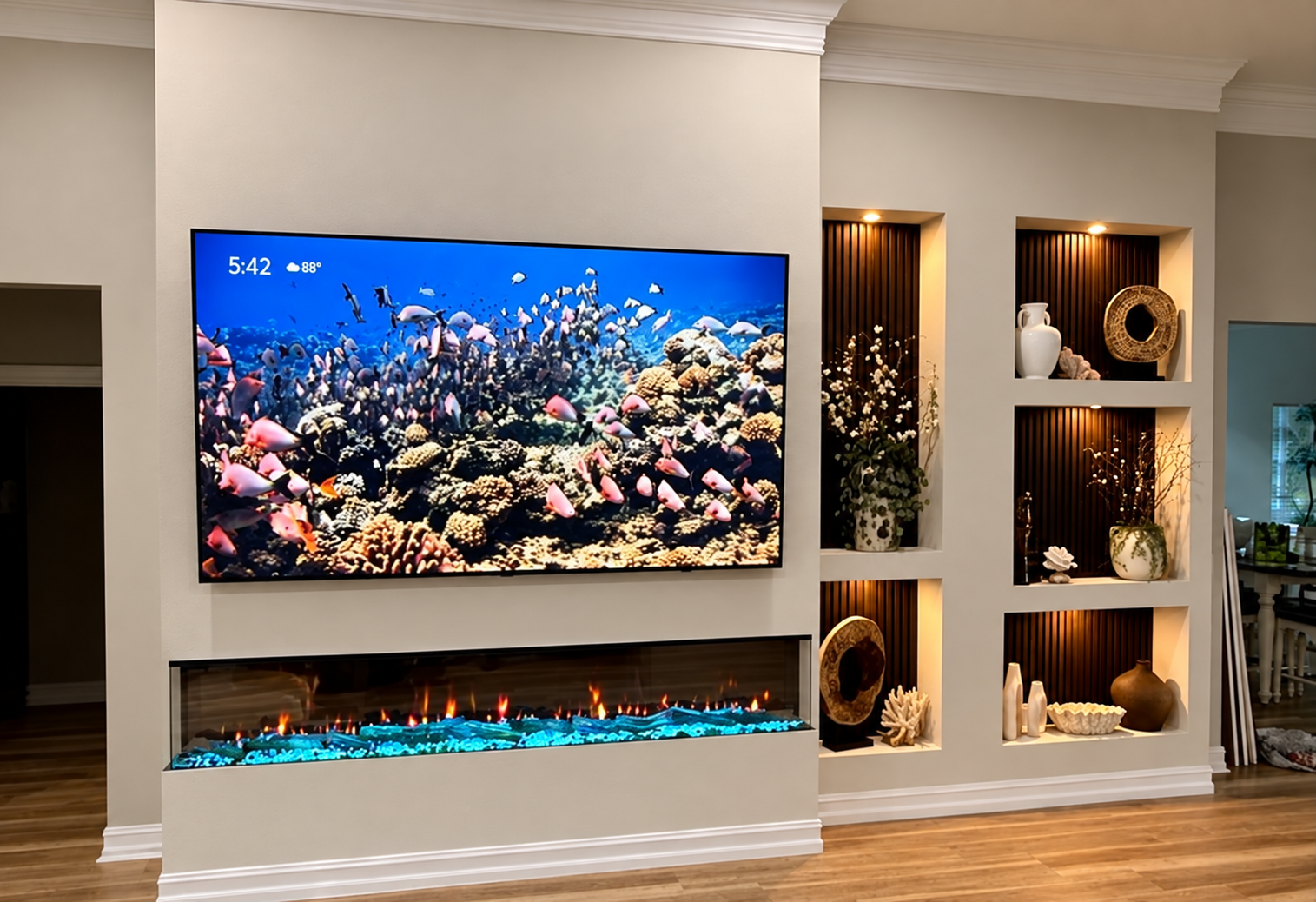 Finished asymmetrical media wall in Melbourne with a mounted TV, panoramic electric fireplace, five illuminated niches, decorative fluted panels, and integrated trim