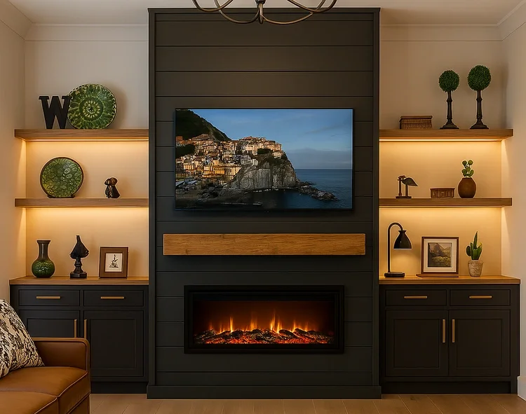 Living room with mounted flat-screen TV displaying a forest with orange trees, electric fireplace below, built-in white cabinets, and wooden shelves on blue and white walls.