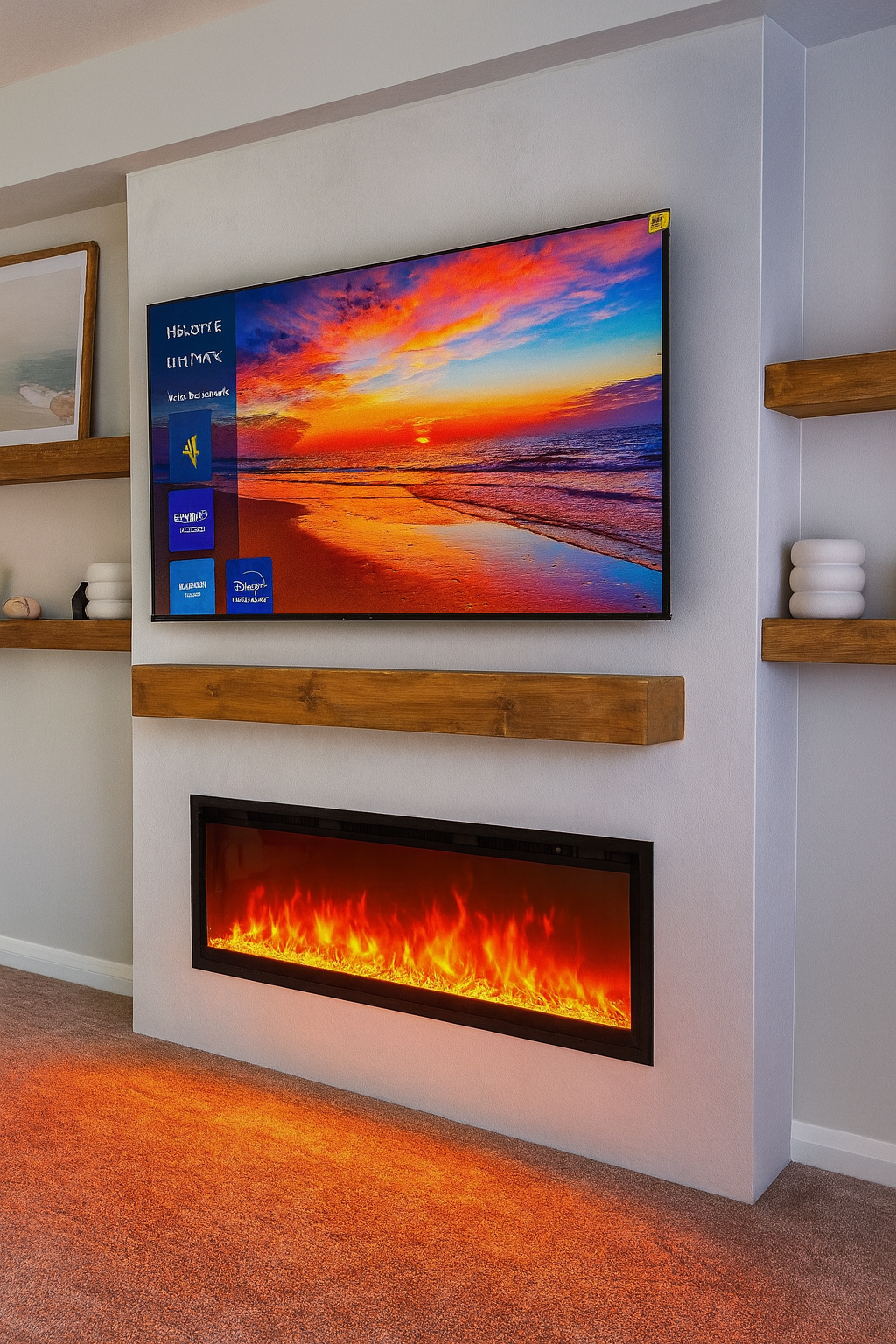 angled view of limewash fireplace media wall with TV and mantel