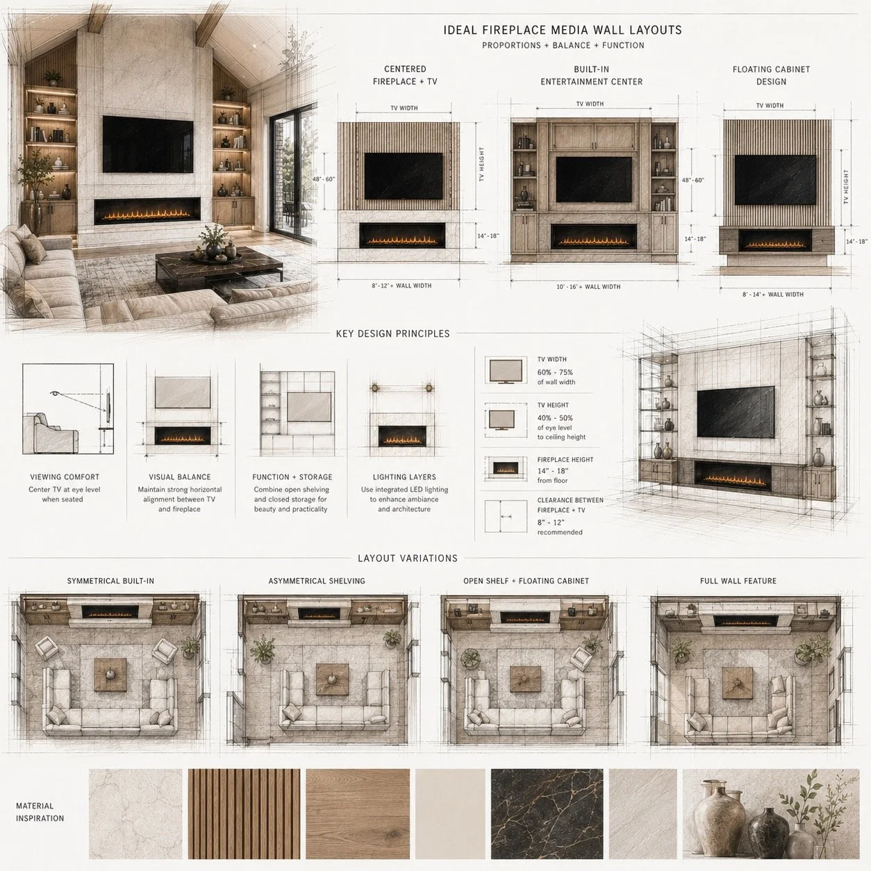 architectural design study showing ideal fireplace media wall layouts and proportions for great rooms