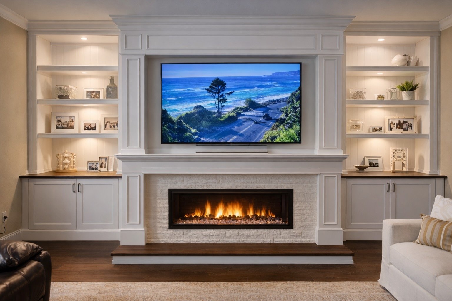 Living room with built-in white shelves on either side of a TV showing an ocean view, with a fireplace below the TV and a white couch with striped pillow to the right.