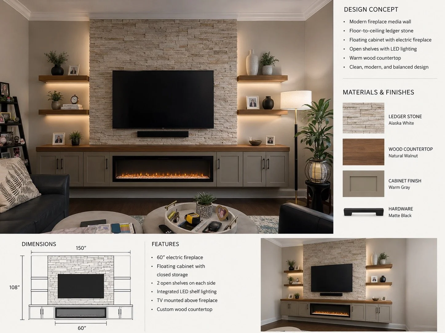 Design concept for a ledger stone fireplace media wall with custom cabinets, floating shelves, LED lighting, and wood countertop in Durham, NC