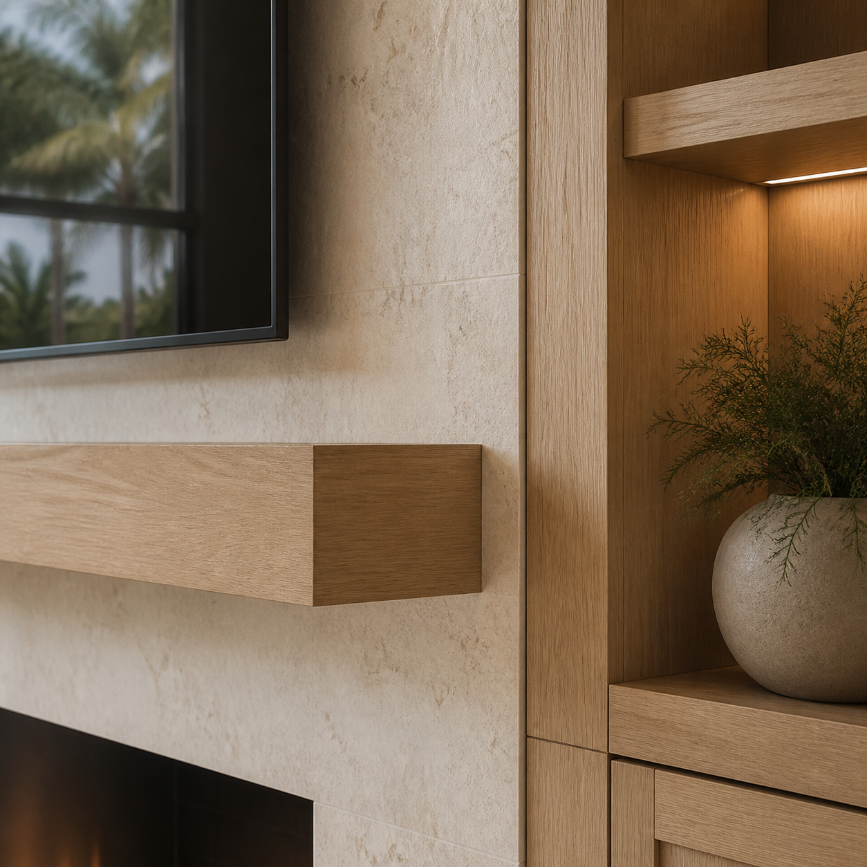 Close-up of a modern interior with a beige textured wall, wooden shelf, and a potted plant with green foliage in a beige ceramic pot.