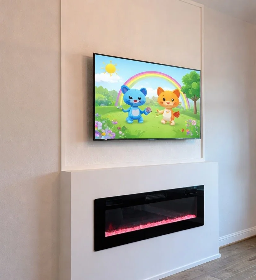 A wall-mounted television displaying a cartoon scene of two animated animals, a blue cat and an orange cat, in a colorful outdoor setting with a rainbow, trees, flowers, and a sun. Below the TV is a modern electric fireplace with a black frame and re