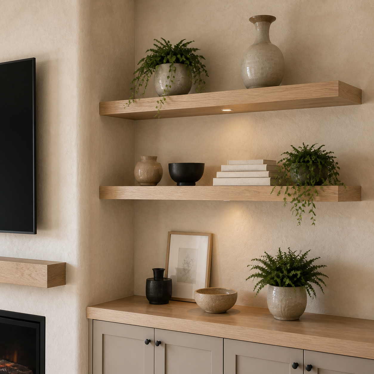 Natural oak floating display shelves installed on a softly textured limewash media wall