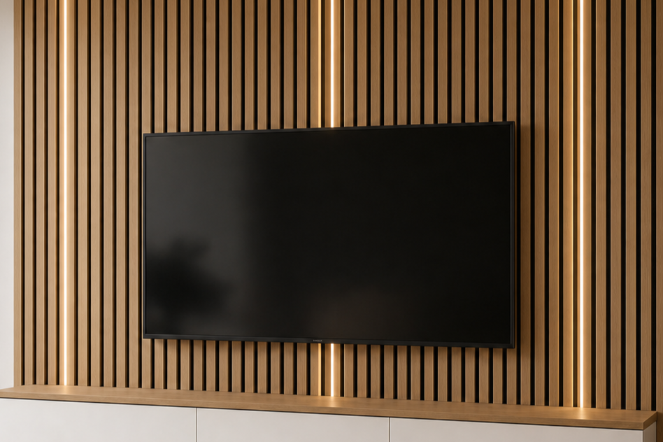 Flat-screen television mounted on a wooden slat wall with vertical lighting accents.
